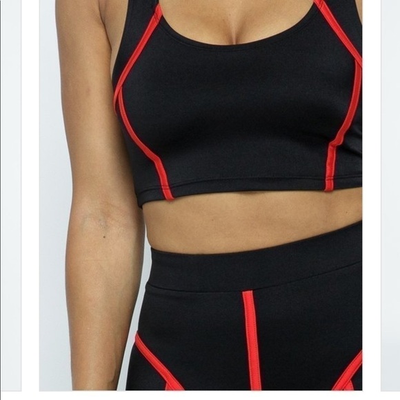 Biker Set. Contrast binding crop tank and biker shorts set. Black and red. Small - Picture 4 of 4